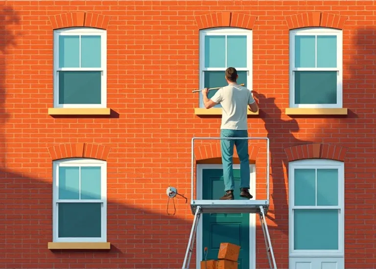 Peintre sur échafaudage traitant la façade d'une maison